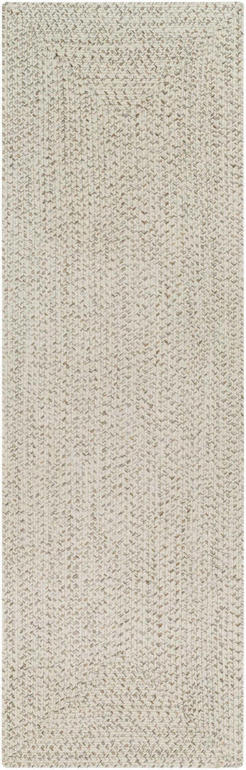 Close-up of a Beige Braided Faux Jute Rug. The rug has a textured, braided design in bleached jute, brown, charcoal, and cream. Design-Runner-268