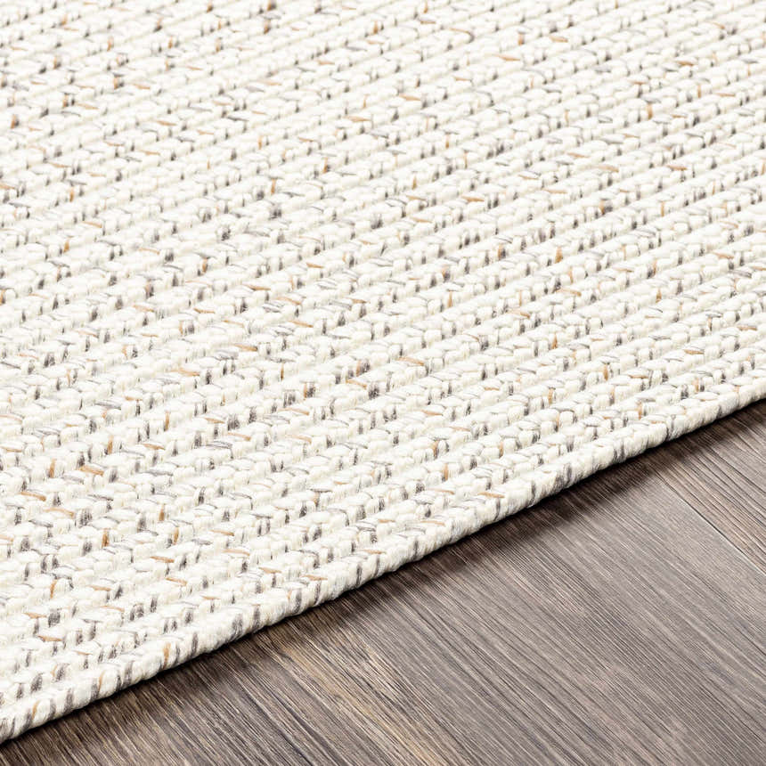 Close-up of a Beige Braided Faux Jute Rug showing its woven texture and neutral colors on a dark wood floor. Texture