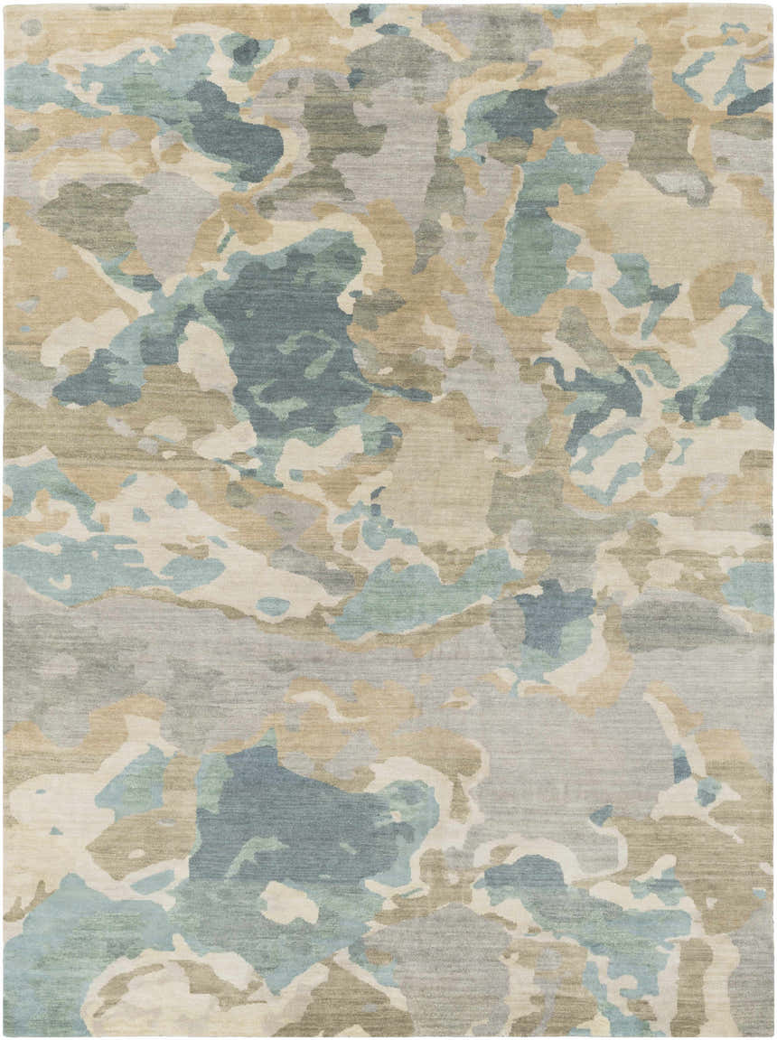 Close-up of Briceville Premium Area Rug. Abstract design in ivory, medium green, pale blue, peach, and wheat. Hand-knotted wool texture. Design-Rectangle-811