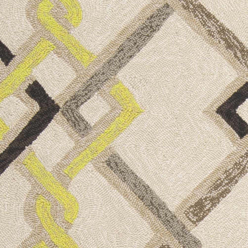 Close-up of the Brilliant Area Rug. Hand-hooked polypropylene rug with a geometric pattern in brown, beige, and light olive. Swatch