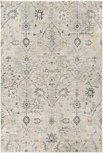 Close-up of the Barkisland Thick Luxe Oushak Rug. Features traditional floral patterns in deep teal, sage, and beige. Design-Rectangle-6796