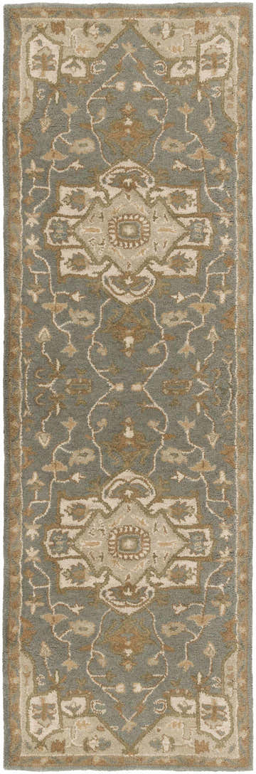 Close-up of the Broomfield Gray 1144 wool rug. Features a traditional oriental design in beige, gray, tan, and brown. Design-Runner-268