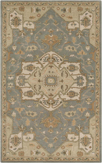 Detailed view of the Broomfield Gray 1144 wool area rug, featuring beige, brown, and sage green oriental design. Design-Rectangle-58
