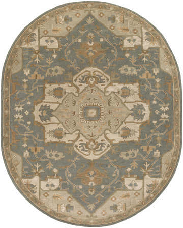 Close-up of the oval Broomfield Gray 1144 wool rug. Features traditional floral and geometric patterns in beige, tan, and gray. Design-Oval-810