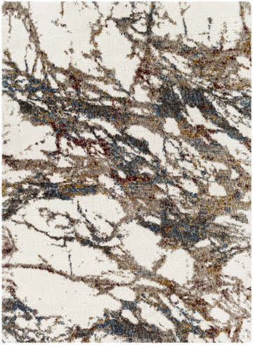 Close-up of Bremen Beige Marble Plush Carpet. Shag rug with cream, blue, burgundy, and gray marble-like pattern. Design-Rectangle-537