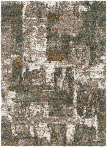 Close-up of the Bronx Area Rug. Shag rug with a contemporary design in cream, gray, teal, brown, and mustard tones. Design-Rectangle-537