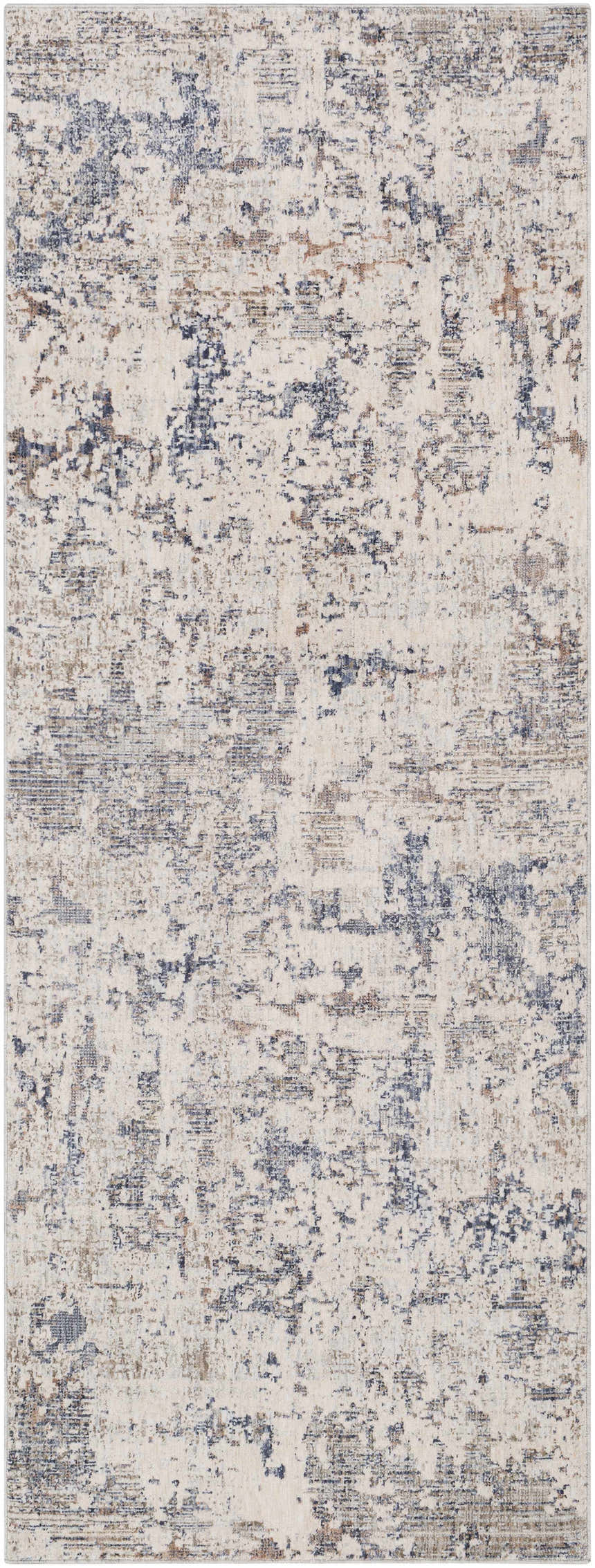 Close-up of the Broxbourne Area Rug. Contemporary style rug in blush, brown, cream, denim, and navy colors. Machine woven texture. Design-Runner-3310