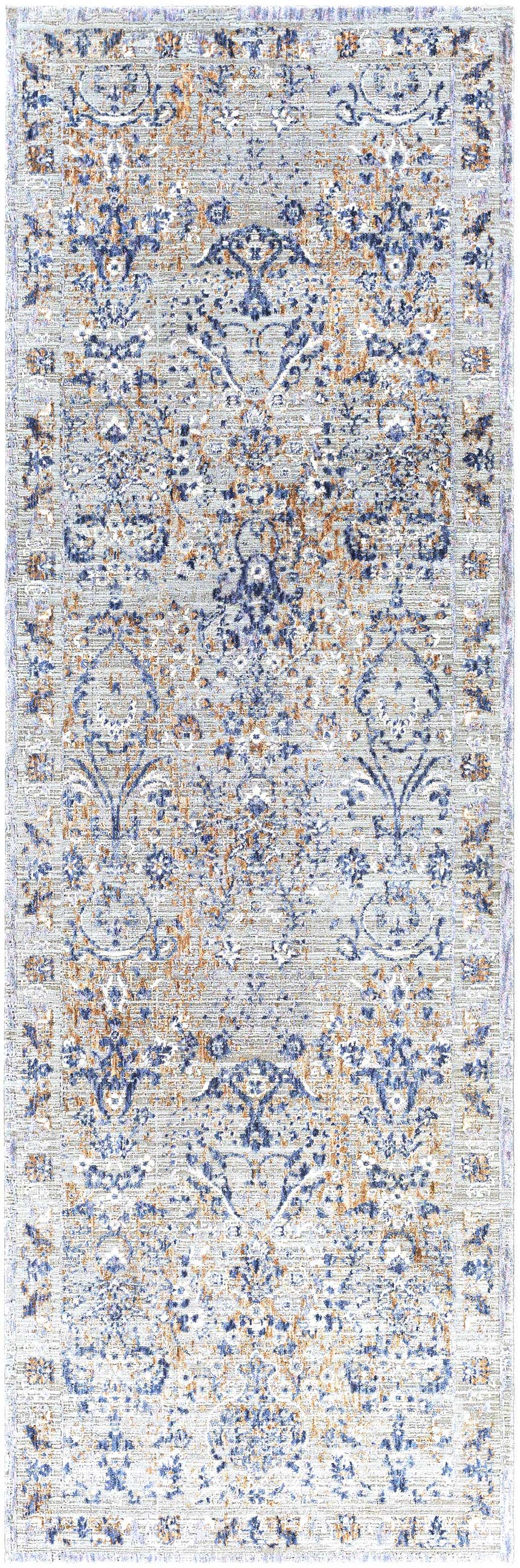 Close-up of the Barrie Area Carpet. Traditional rug with brown, cream, and dark blue floral pattern on a light gray background. Design-Runner-2673