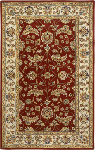 Close-up of the Brisbin Wool Area Rug. Brick red rug with a traditional floral pattern and ivory border. Design-Rectangle-58