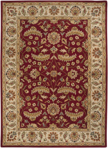 Close-up of the Brisbin Wool Area Rug. Features a traditional floral pattern in brick red, ivory, and tan. Hand-tufted texture. Design-Rectangle-811