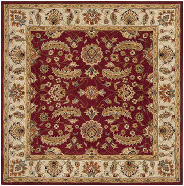 Detailed Brisbin Wool Area Rug in brick red, ivory, and tan, featuring a traditional floral and leaf pattern. Design-Square-8