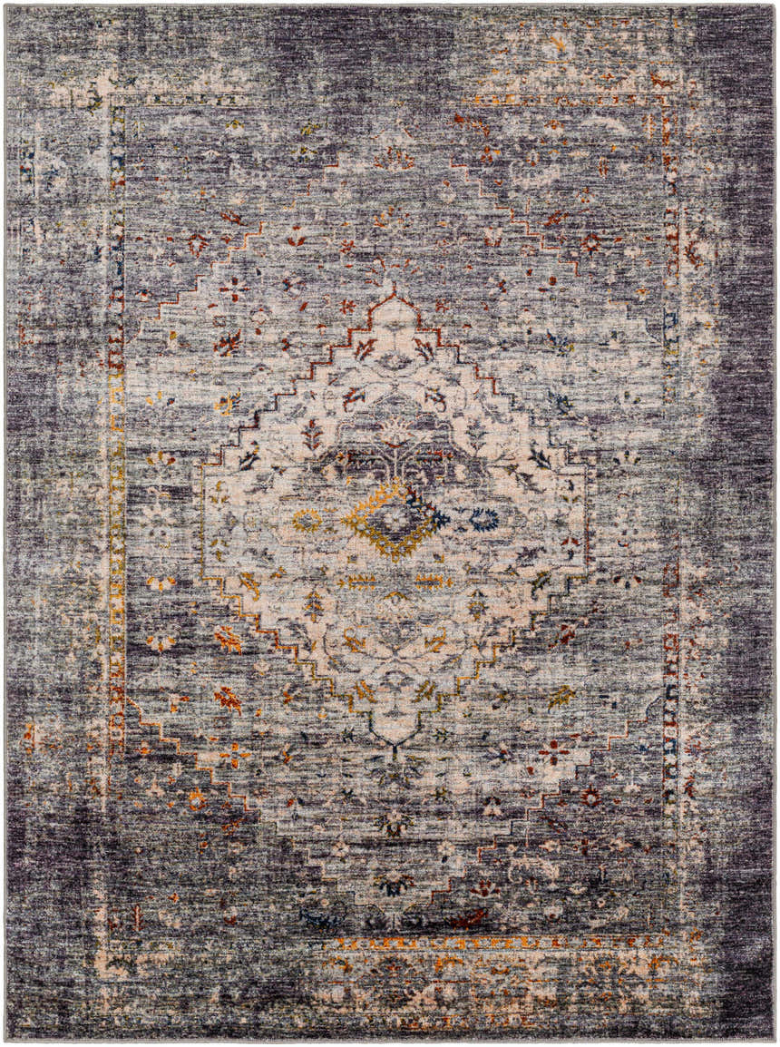 Close-up of the Basiad Washable Area Rug. Traditional oriental rug design in blush, dark purple, gray, and oatmeal colors. Design-Rectangle-537