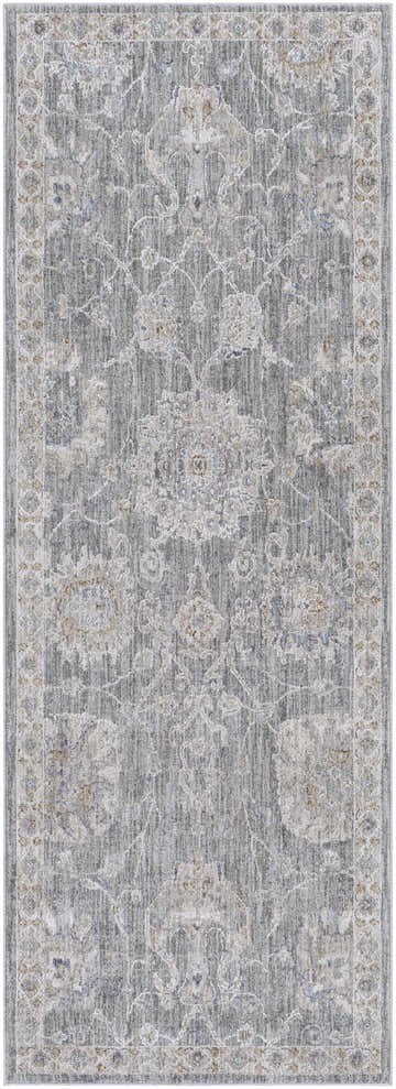 Close-up of the Monterey Gray Thick Luxe Persian Rug, featuring a traditional floral pattern in beige, gray, and white tones. Design-Runner-2773