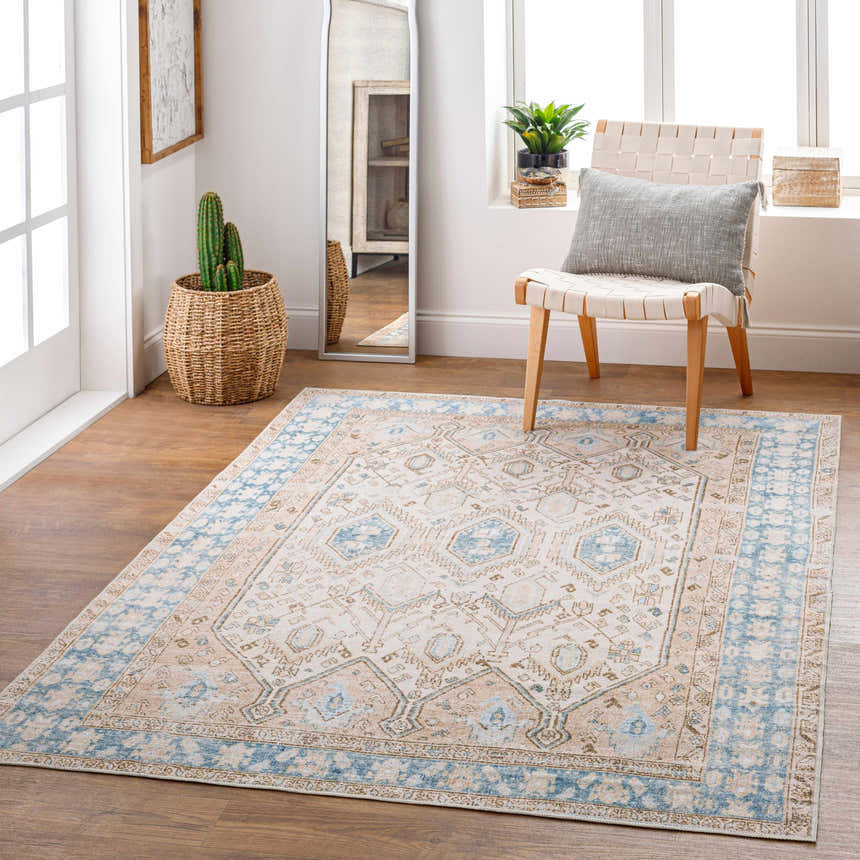 Bright entryway with Buayan Washable Area Rug in cloud gray, light gray and blue. Farmhouse style with chair and cactus. Roomscene-Rectangle