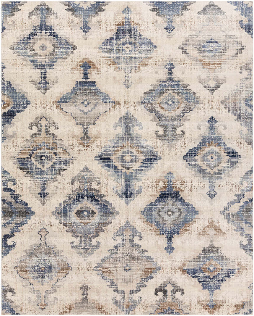 Close-up of the Buckner Blue Ikat Rug, featuring a distressed bohemian pattern in navy, brown, and gray on a cream background. Design-Rectangle-710103