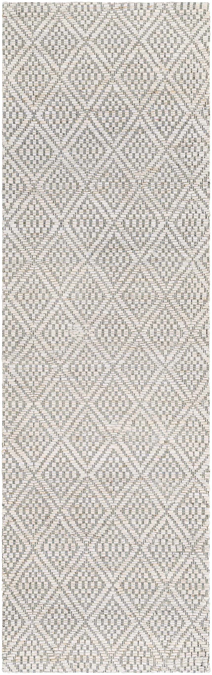 Close-up of the hand woven Budgewoi Jute Rug. Bleached jute, cream, and medium gray diamond pattern. Contemporary style. Design-Runner-268