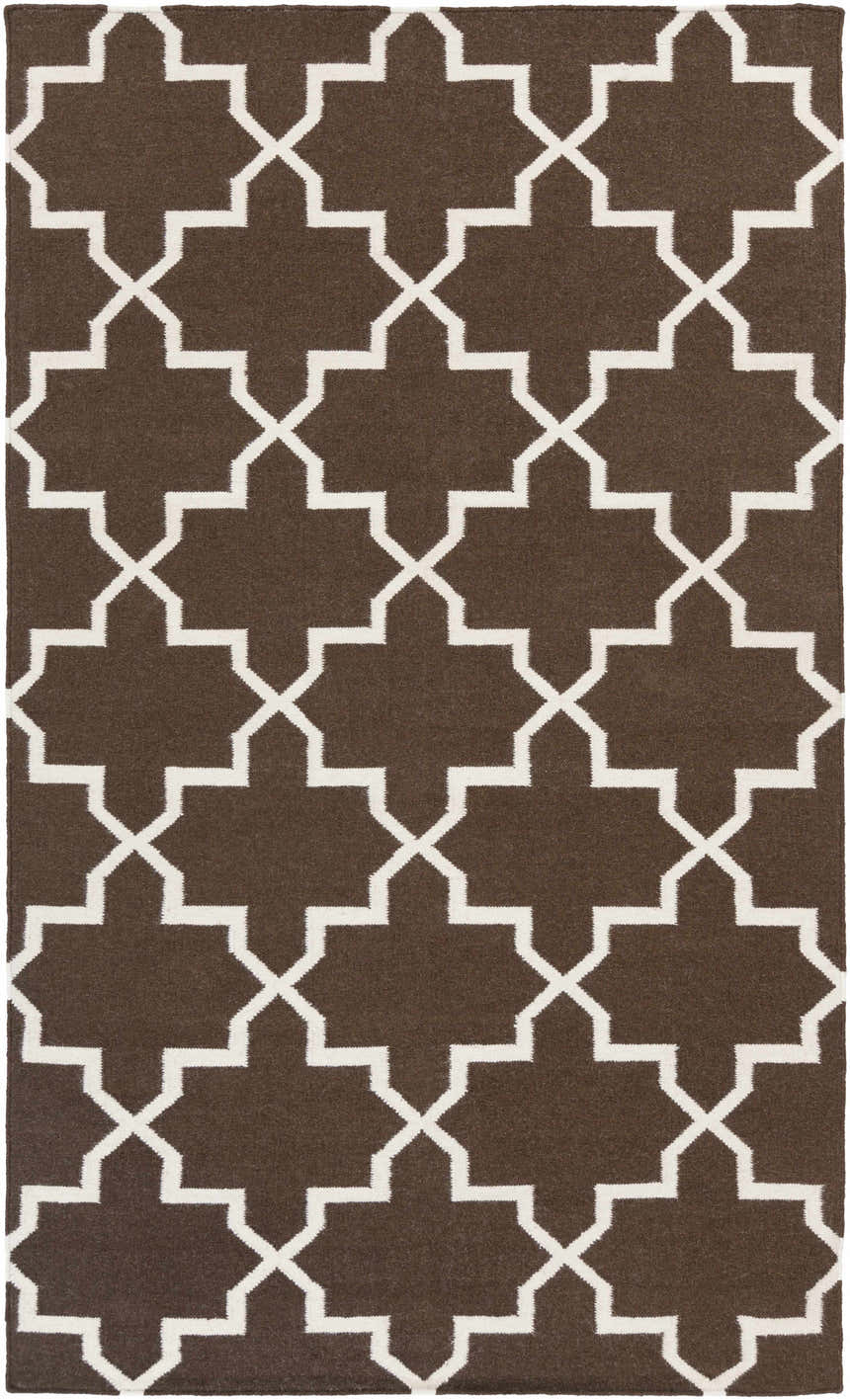 Close-up of the Bullock Area Carpet in dark brown and ivory, featuring a geometric, star-like pattern. Hand-woven wool texture. Design-Rectangle-58
