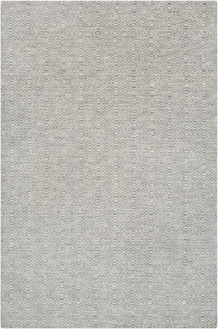 Close-up of the hand-knotted Bumpass Area Rug. Light sage and medium gray wool rug with a contemporary geometric diamond pattern. Design-Rectangle
