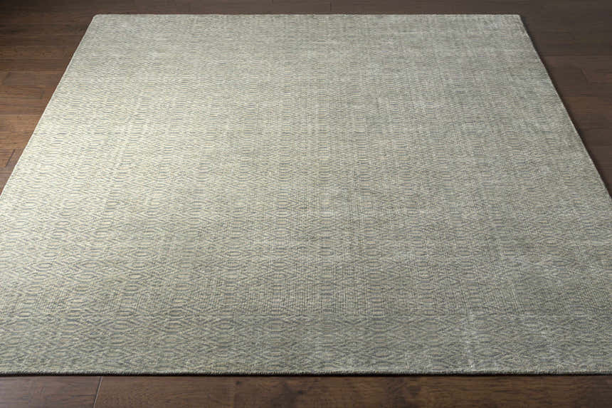 Close-up of the Bumpass Area Rug, a hand-knotted wool rug in light sage and medium gray with a subtle geometric pattern. Front