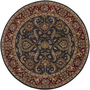 Round Bunola Area Rug with a traditional Persian-inspired floral pattern in amber, black, red, and olive tones. Design-Round-6