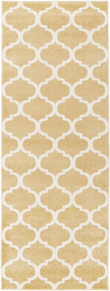 Close-up of the Burkettsville Clearance Rug. Cream and mustard rug with a geometric trellis pattern. Design-Runner-2773