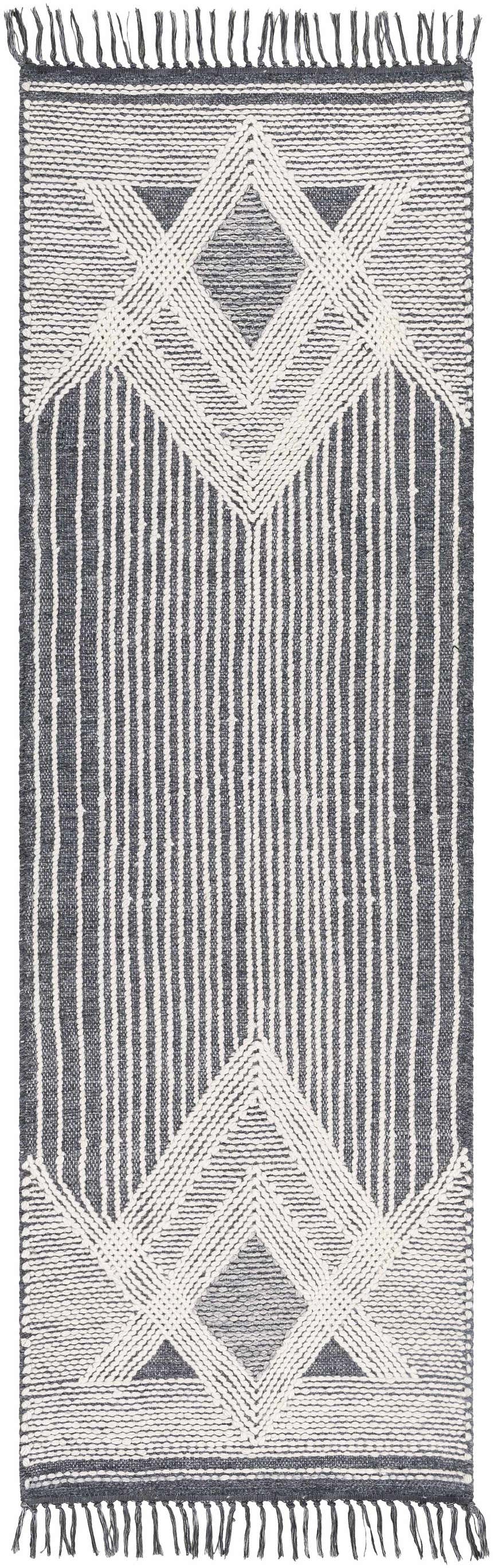 Close-up of Aldbourne Gray Tassel Flatweave Wool Rug. Charcoal, gray, and ivory rug with diamond and stripe pattern. Design-Runner-268