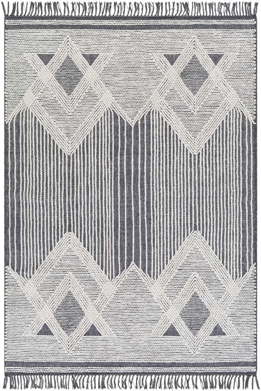 Close-up of Aldbourne Gray Tassel Flatweave Wool Rug. Charcoal, gray, and ivory geometric design with fringe. Hand woven texture. Design-Rectangle-576