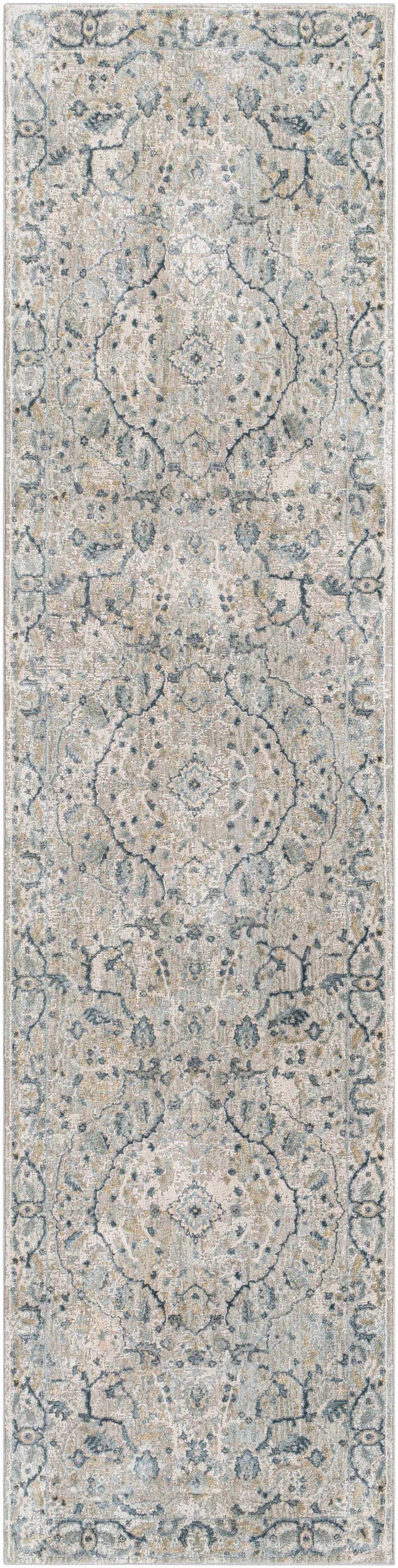 Close-up of the Bushnell Thick Luxe Boutique Rug featuring a traditional design in dusty sage, beige, and gray tones. Design-Runner-2710