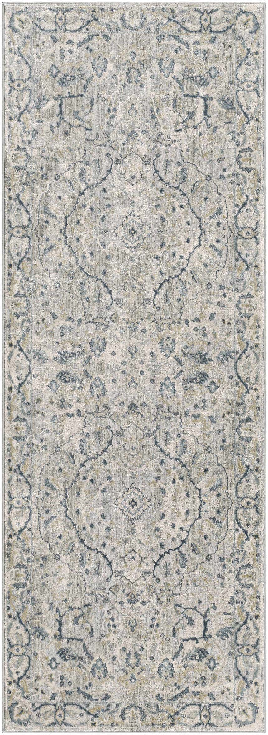 Detailed view of the Bushnell Thick Luxe Boutique Rug, featuring a traditional pattern in dusty sage, beige, and gray tones. Design-Runner-2710
