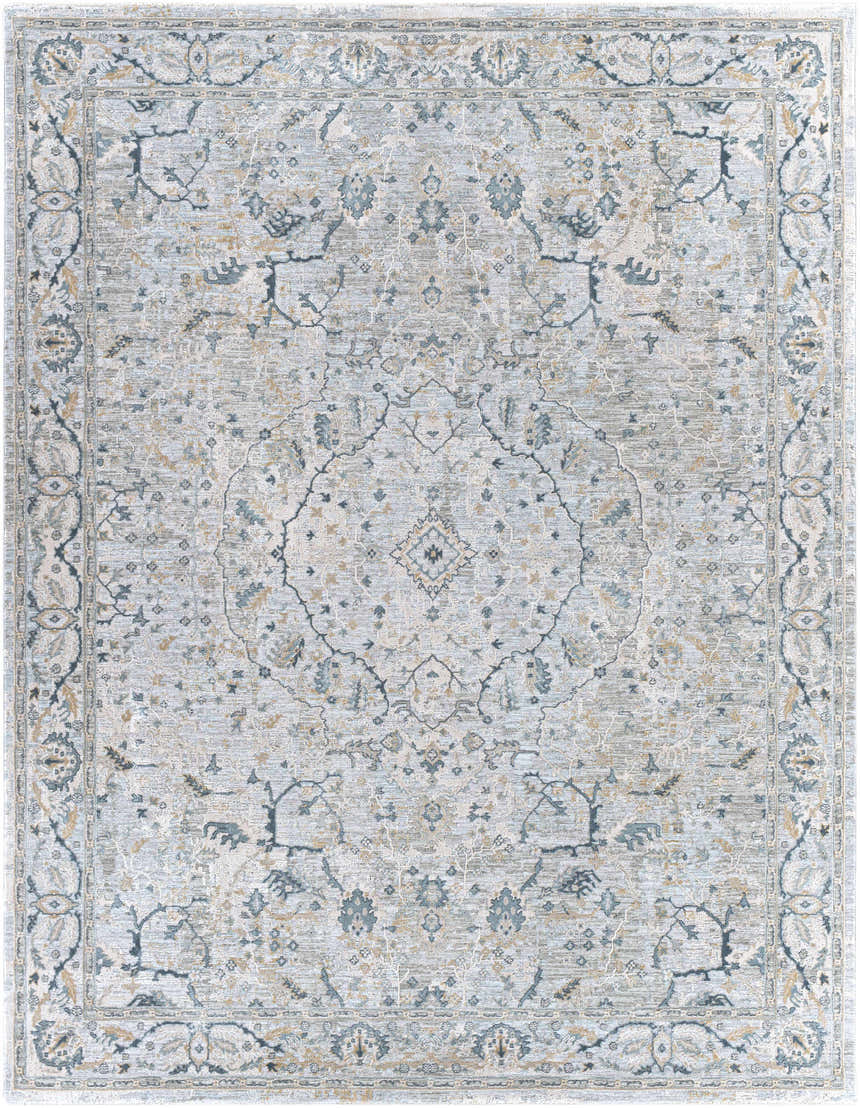 Detailed floral pattern of the Bushnell Thick Luxe Boutique Rug in dusty sage, light beige, and gray. Design-Rectangle-710103