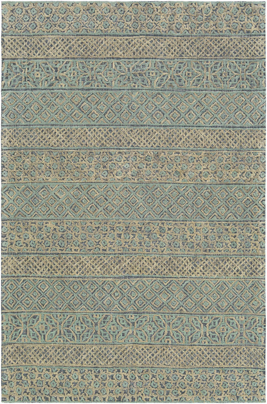 Close-up of the Byron Area Rug with beige, charcoal, and sage horizontal stripes and bohemian-inspired patterns. Design-Rectangle-576