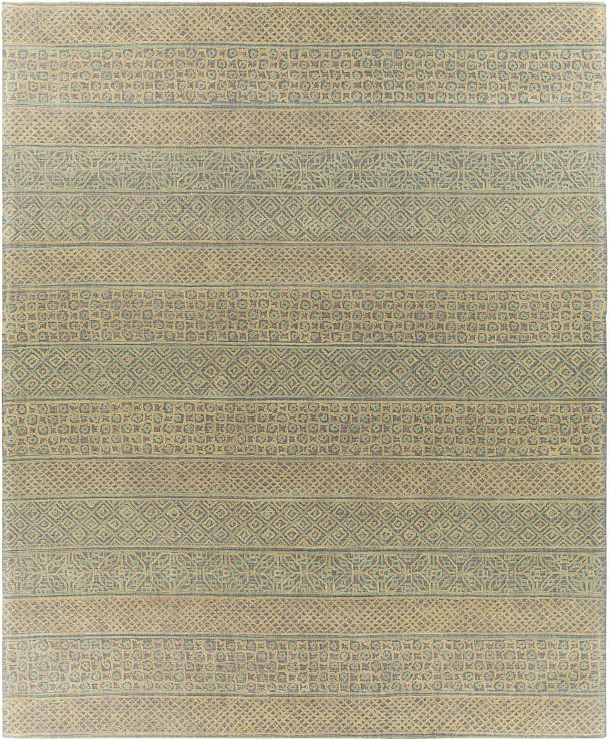Close-up of the hand-tufted Byron Area Rug. Beige, charcoal, and sage geometric patterns create a bohemian, farmhouse style. Design-Rectangle-810
