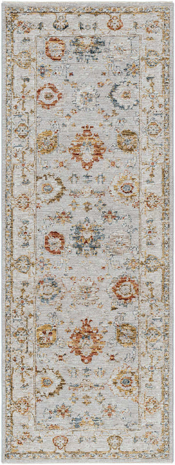Close-up of the Calingcuan Luxe Oushak Rug. Features brick red, cream, denim, and mustard floral and oriental patterns. Design-Runner-2710