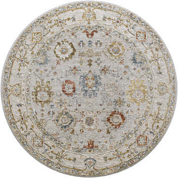Close-up of round Calingcuan Luxe Oushak Rug. Cream rug with brick red, denim, mustard, and olive traditional floral pattern. Design-Round-53