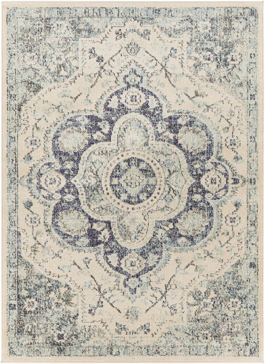 Close-up of the Calpine Area Carpet: traditional oriental design in cream, navy, and light blue tones. Design-Rectangle-5373