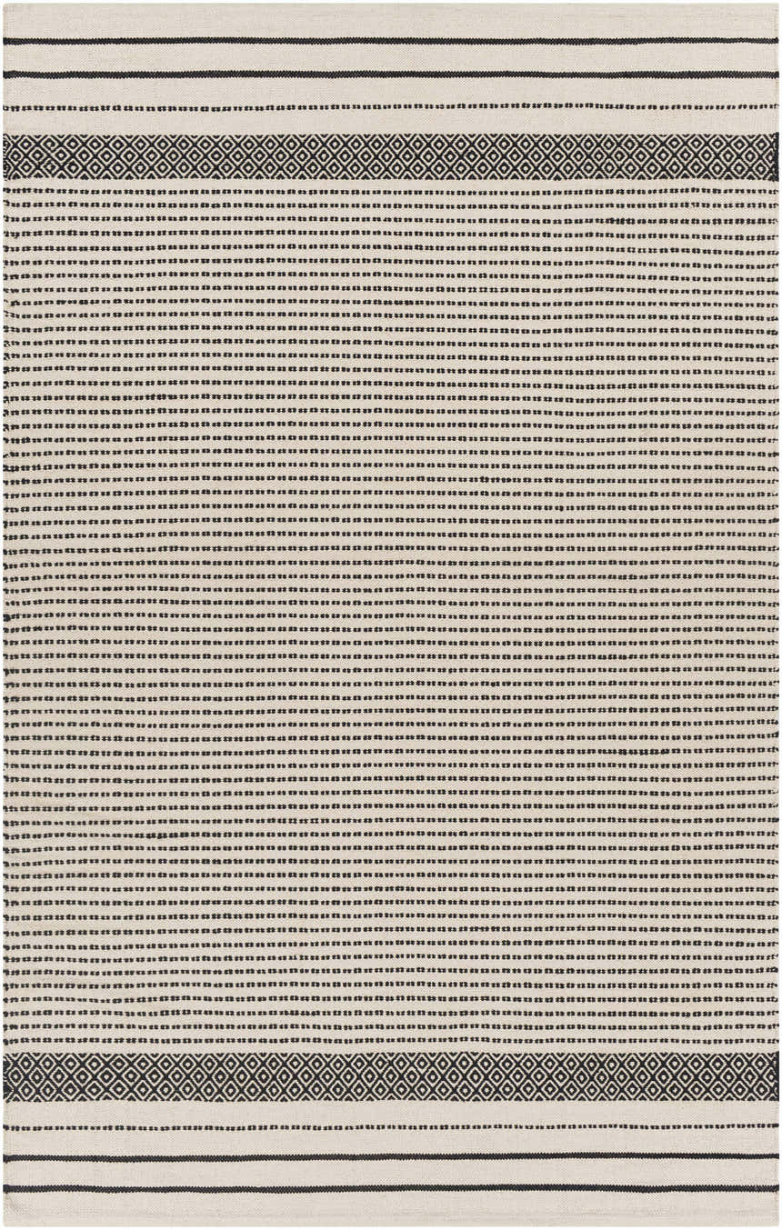 Close-up of the hand woven Calumpang Area Carpet. Beige cotton rug with black stripes and Southwestern diamond pattern. Design-Rectangle-576