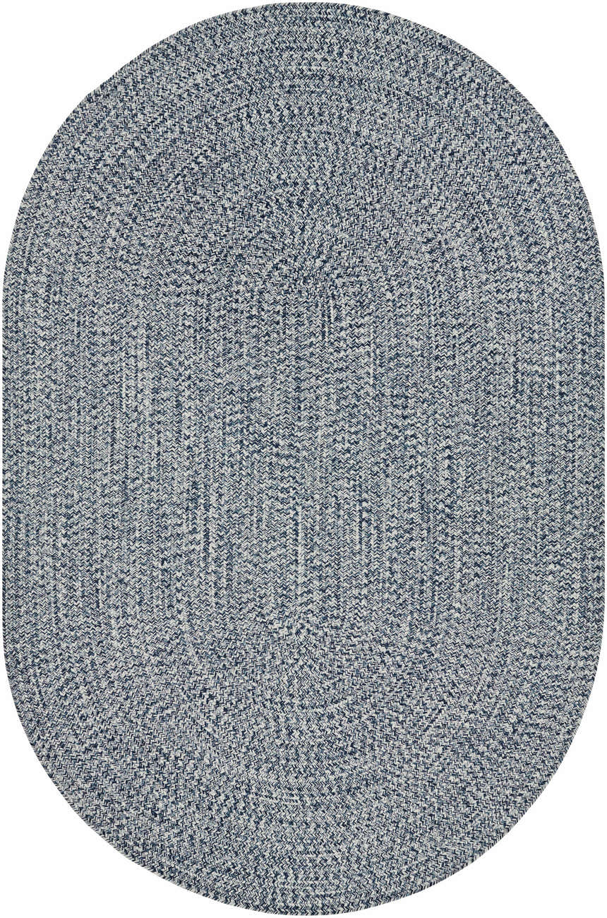 Close-up of oval Blue Braided Faux Jute Rug. Denim and cream woven texture. Contemporary, farmhouse style. Design-Oval-69