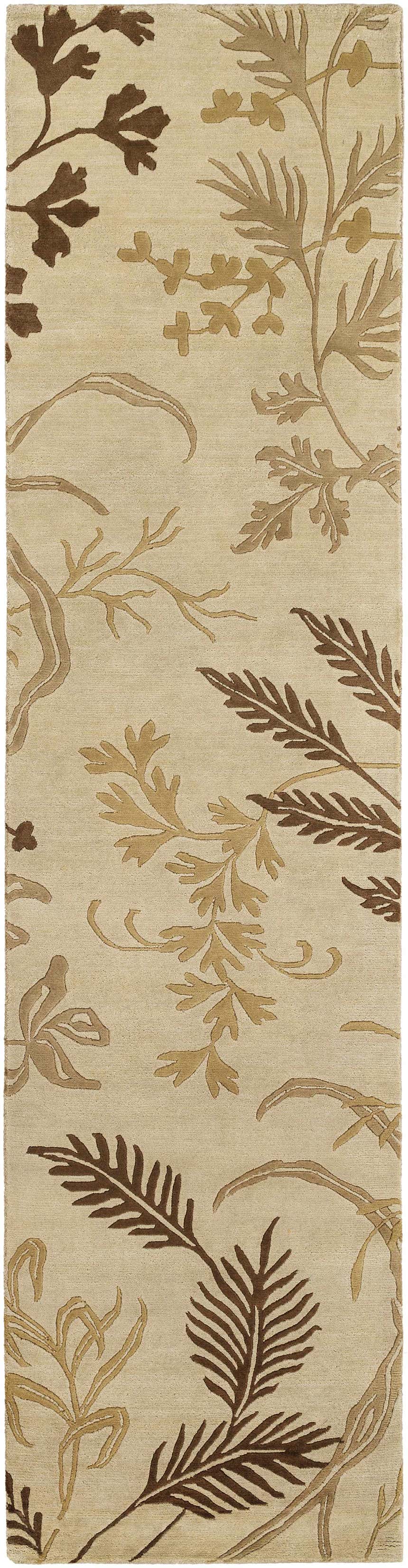 Close-up of the Carpinteria Area Carpet. Hand-knotted wool rug with a botanical design in dark brown, khaki, and tan hues. Design-Runner-2610