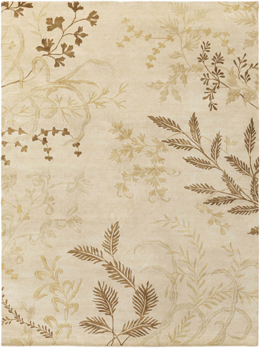 Close-up of the Carpinteria Area Carpet. Hand-knotted wool rug with a botanical pattern in dark brown, khaki, and tan hues. Design-Rectangle-811