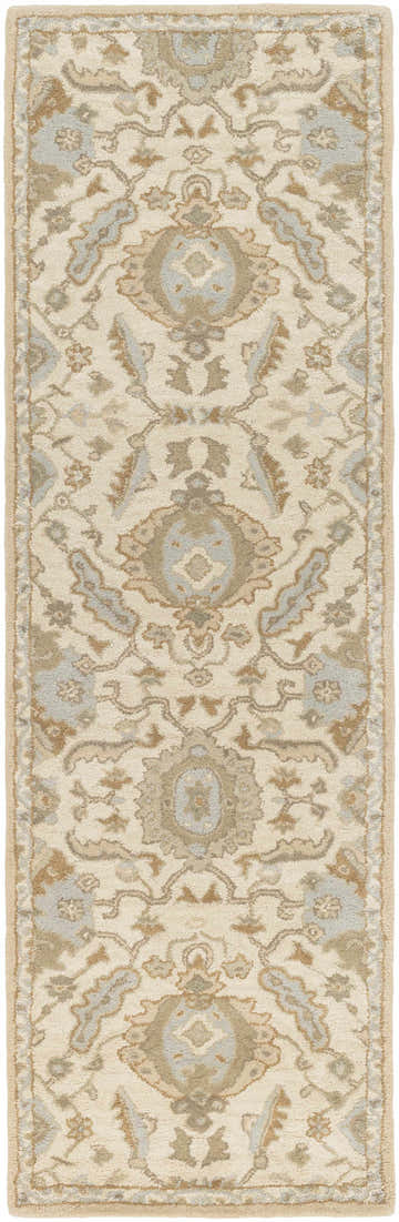 Close-up of the hand-tufted Carrolltown Area Rug. Cream wool rug with a traditional light brown and dusty sage oriental pattern. Design-Runner-268