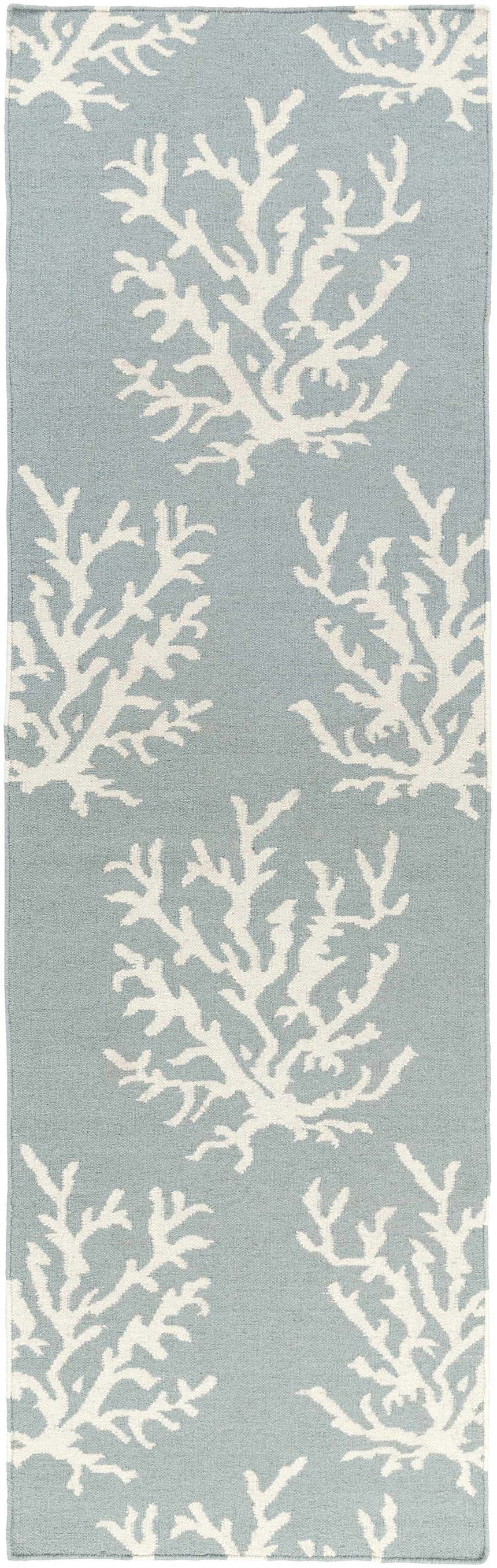 Close-up of Carversville Ice Blue Botanical Wool Rug. Ivory coral-like design on a light blue, hand-woven wool rug. Design-Runner-268