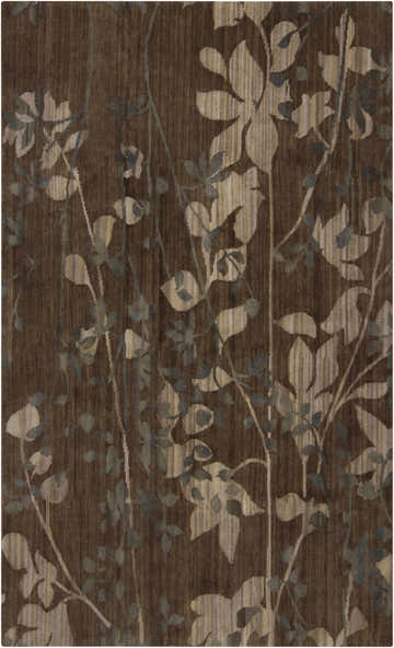 Close-up of the Castella Area Carpet showing a brown background with beige and gray leaf and vine pattern. Design-Rectangle-58
