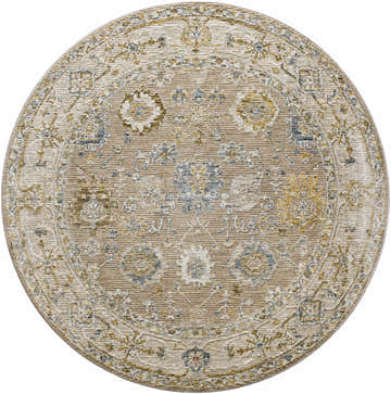 Close-up of round Cabinteely Luxe Oushak Rug. Cream, denim, light brown, and mustard floral oriental pattern. Design-Round-53