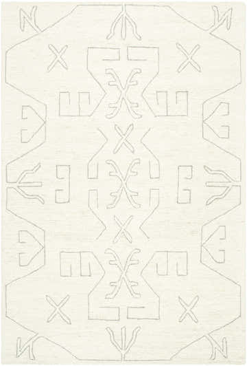 Close-up of the Celia Area Rug; a hand-tufted, 100% wool rug with a geometric gray pattern on an ivory background. Design-Rectangle-576