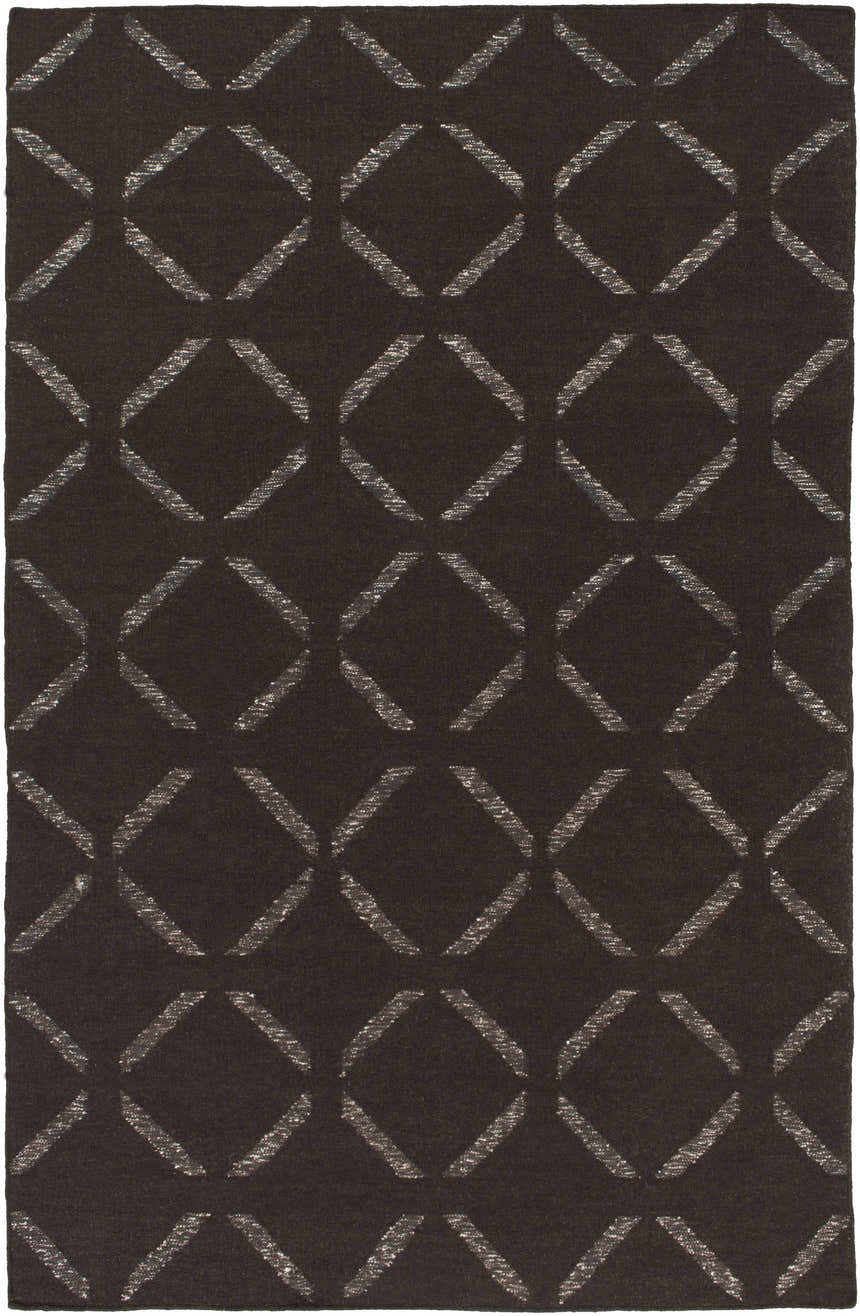 Close-up of the Charty Hand Woven Area Carpet. Dark brown wool rug with an off-white geometric diamond pattern. Design-Rectangle-576