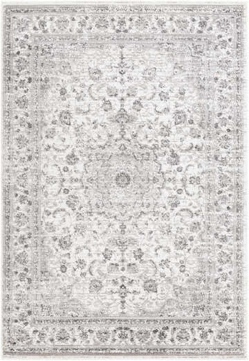 Close-up of the Chicota Area Rug. Traditional oriental design with charcoal, gray, and white floral patterns. Design-Rectangle-5373