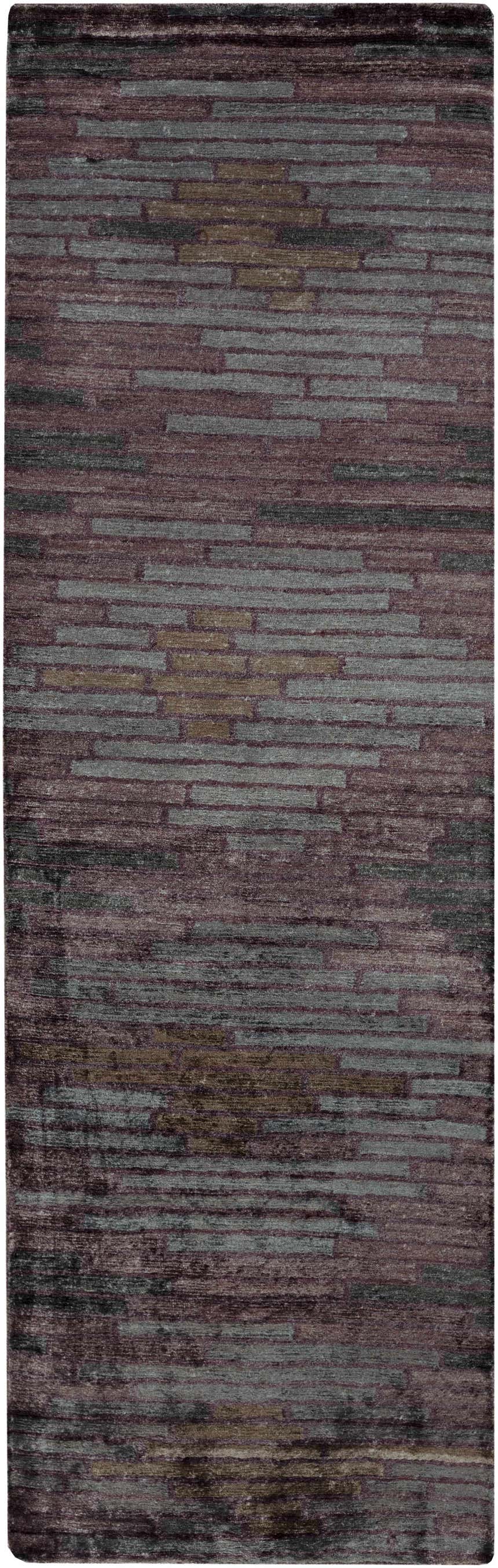 Close-up of the Cherokee Carpet, a hand-knotted rug in charcoal, gray, light olive, lilac, and plum hues. Design-Runner-268