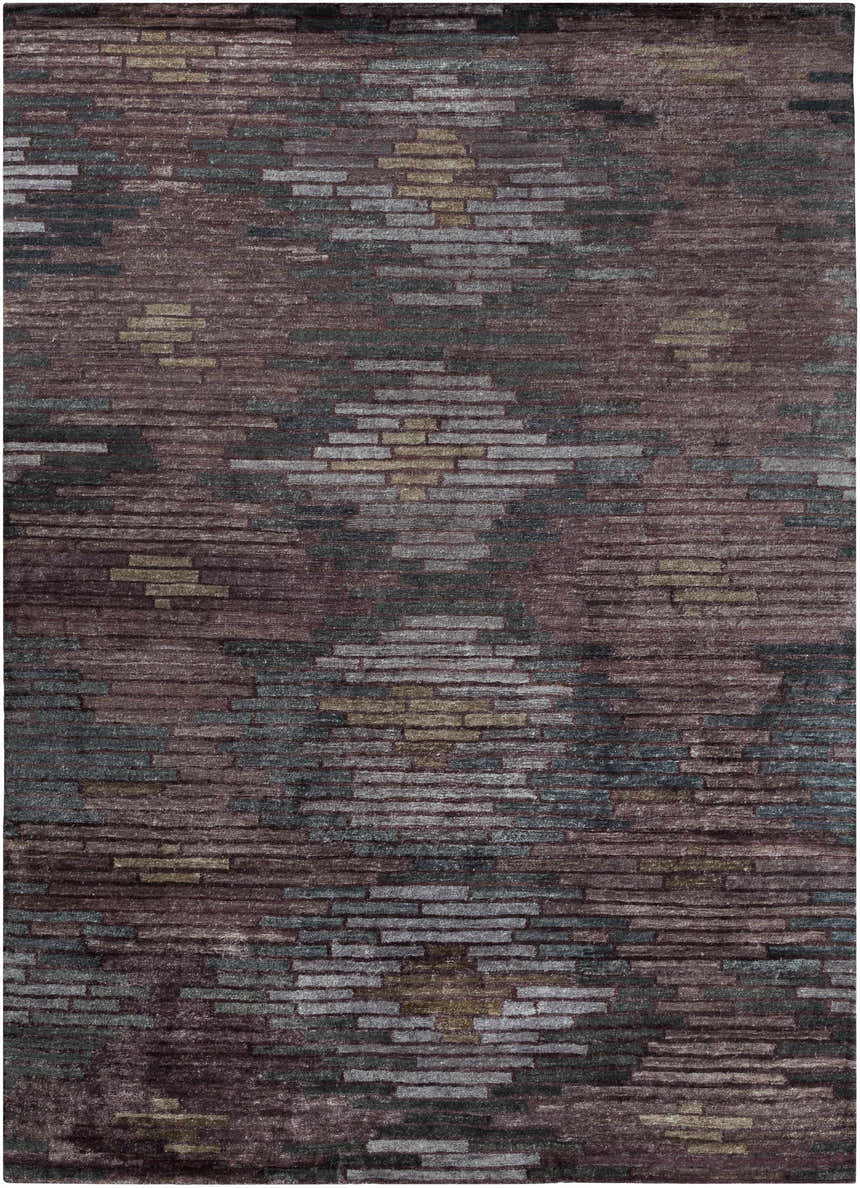 Close-up of the Cherokee Carpet - Clearance, featuring a contemporary design in charcoal, gray, lilac, and plum hues. Design-Rectangle-811