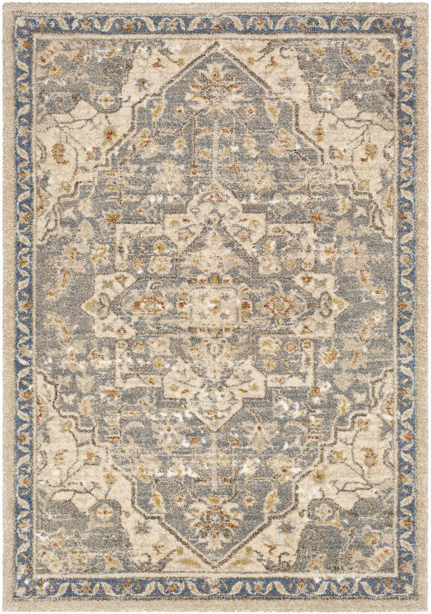 Close-up of Chesnee Thick Luxe Rug. Traditional oriental design in aqua, blue, brown, gold and white. Soft polyester and polypropylene. Design-Rectangle-5373