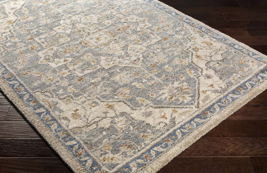 Close-up of the Chesnee Thick Luxe Rug showing its aqua, blue, and gold traditional pattern and plush texture. Corner
